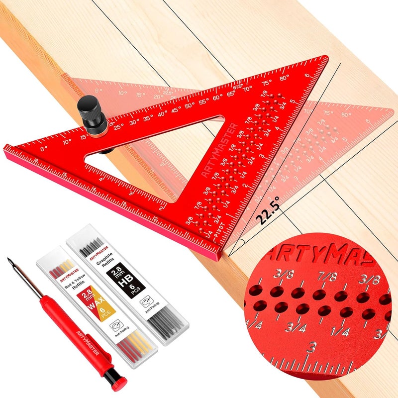 ARTYMASTER 7 inch Carpenter Square, 1/16" Precision Hole Scribing Square Tools, 0-90° Aluminum Alloy Rafter Square, Woodworking Square with Stair Gauge & Carpenter Pencils 12 Refills AM13F - Image 1